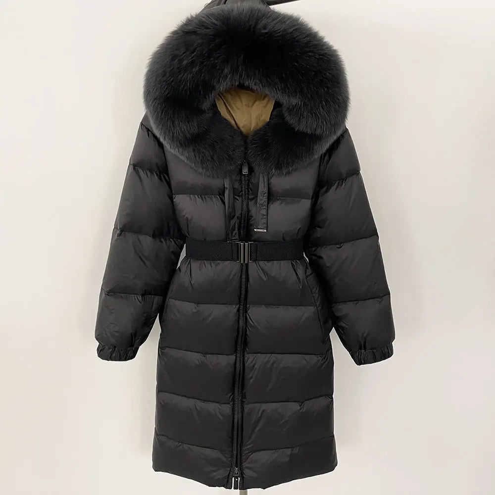 Women’s White Duck Down Puffer Coat with Real Fur Hood