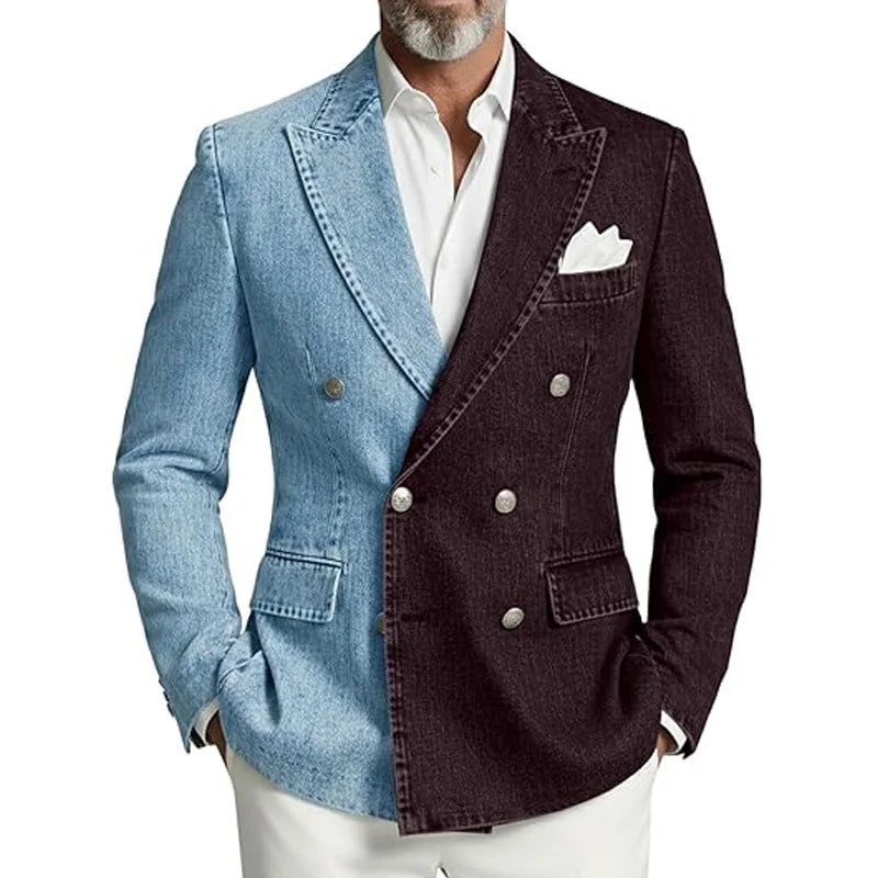 Denim Double-Breasted Peak-Lapel Blazer