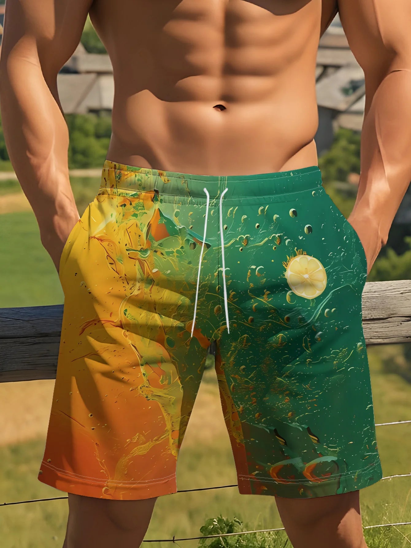 Gradient Lemon Print Swim Trunks