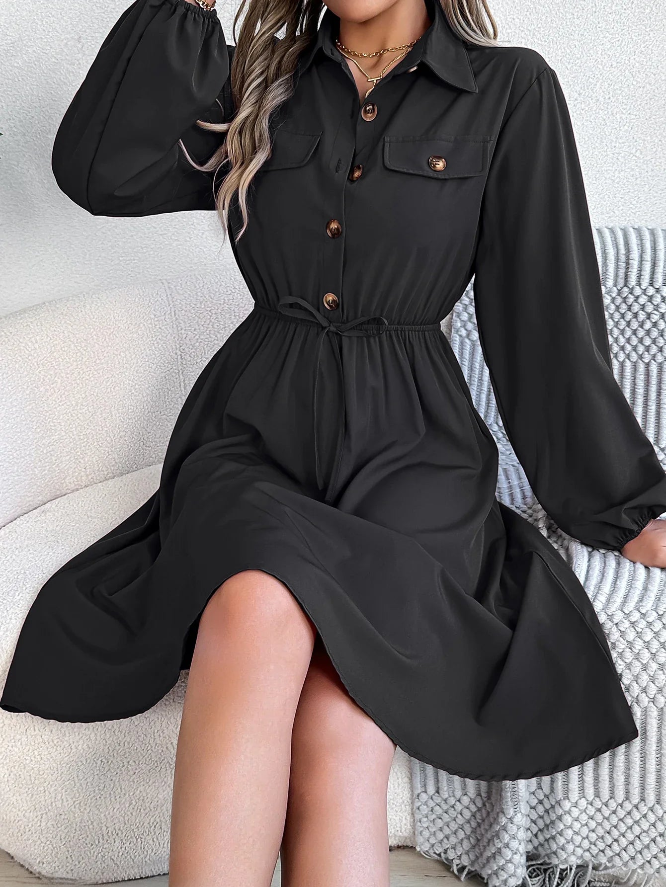 Autumn Winter Button-Up Tie Waist Shirt Dress