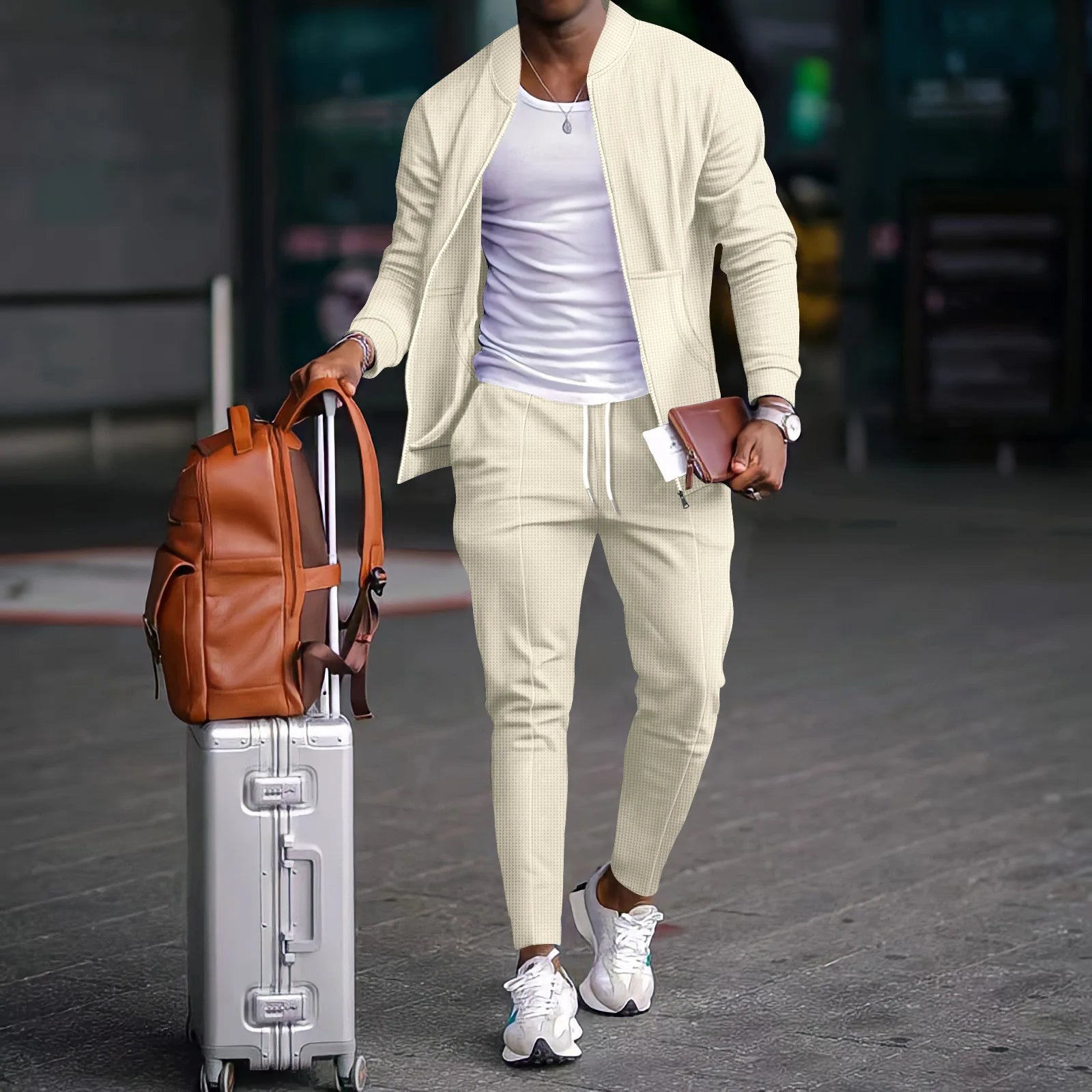 Waffle Zip Shirt Coat Trousers Set