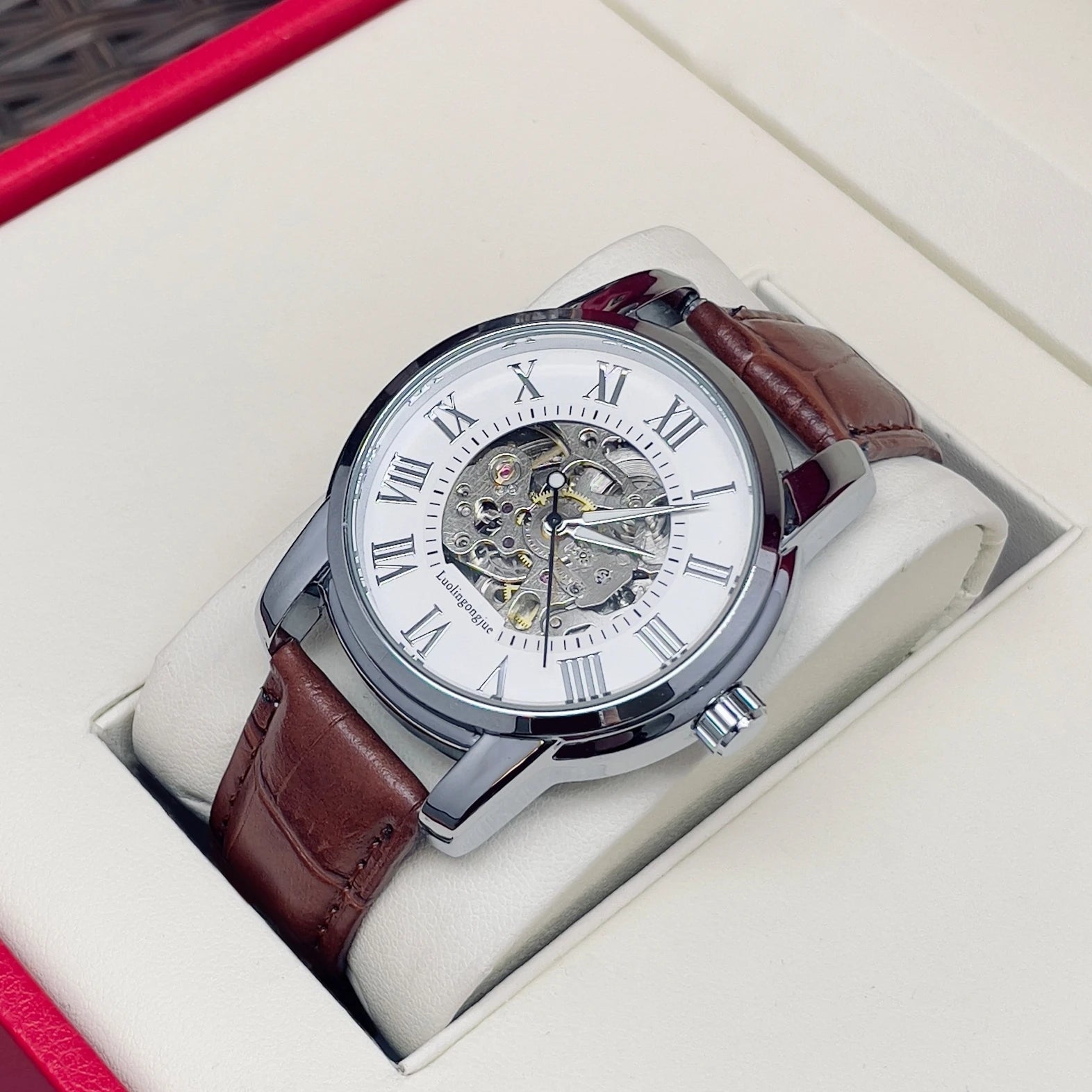 AOKULASIC Skeleton Leather Automatic Watch