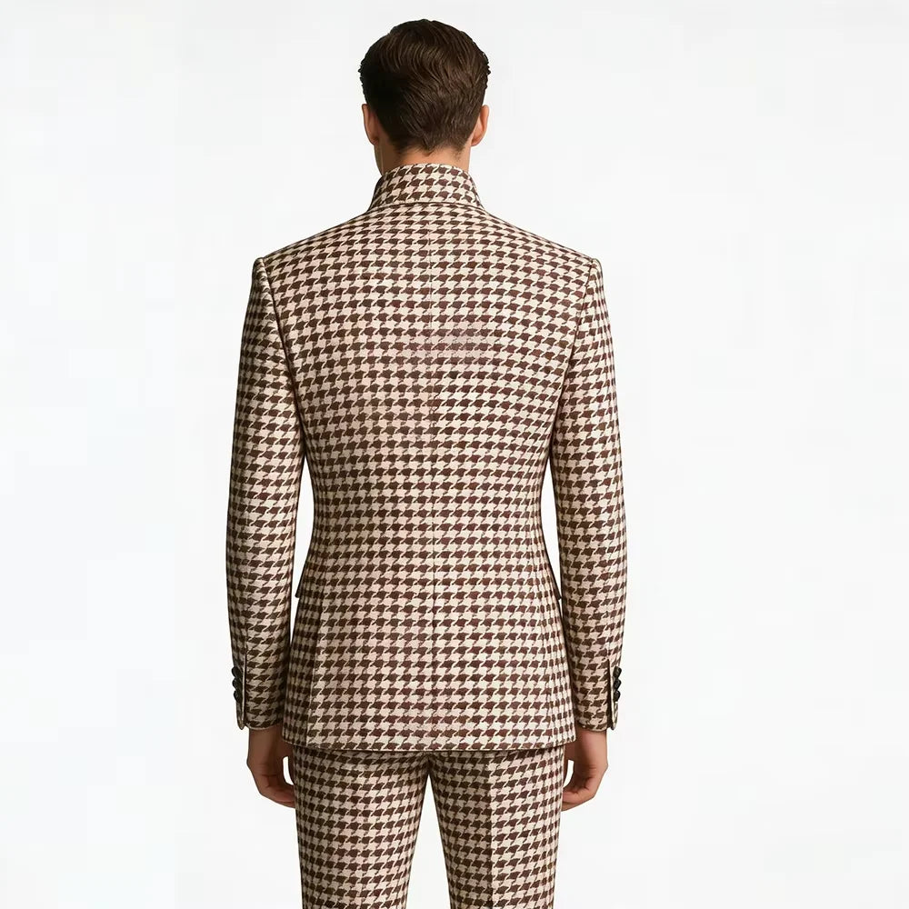 Houndstooth Mandarin-Collar Slim Suit