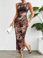 Printed Round-Neck Split-Hem Dress