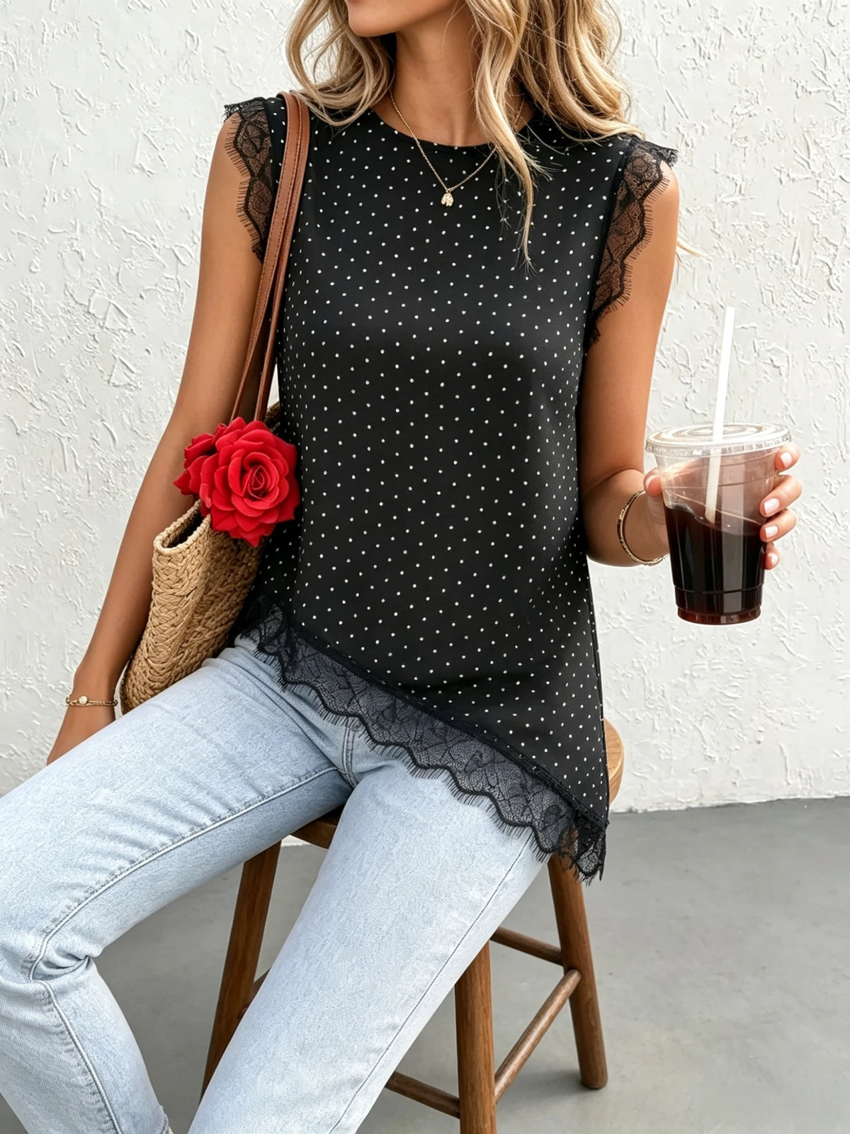 Polka Dot Lace-Trim Tank Top