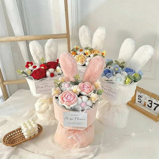 Handmade Knitted Rose Bouquet with Rabbit Ears