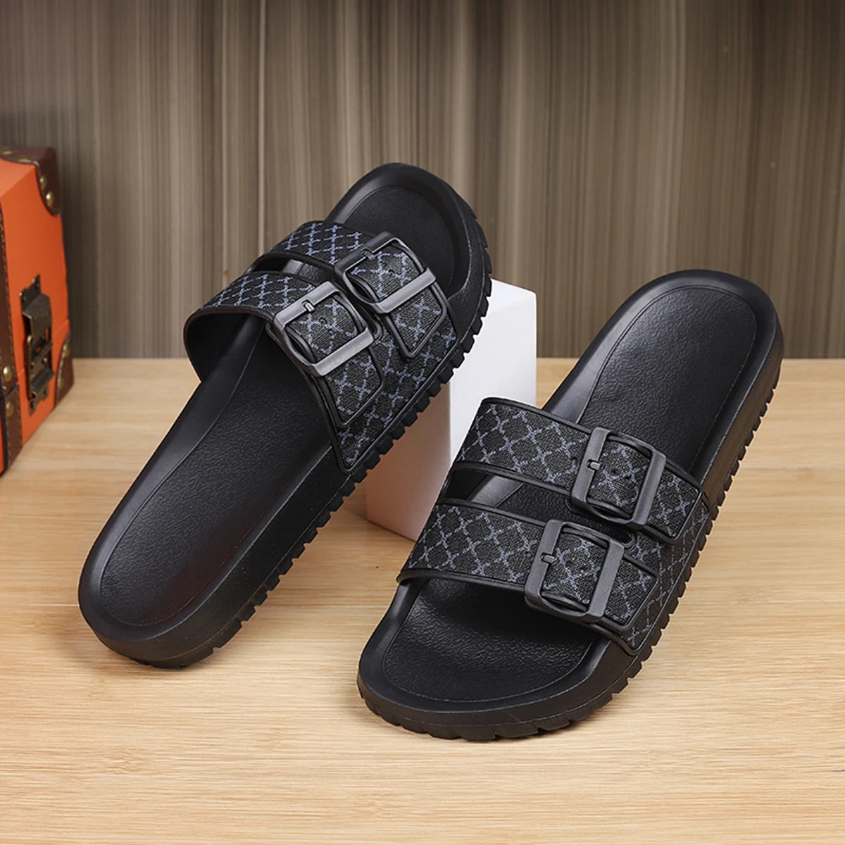 Double-Button Geometric Print Slippers