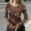Landscape Print Long Sleeve Mesh Top