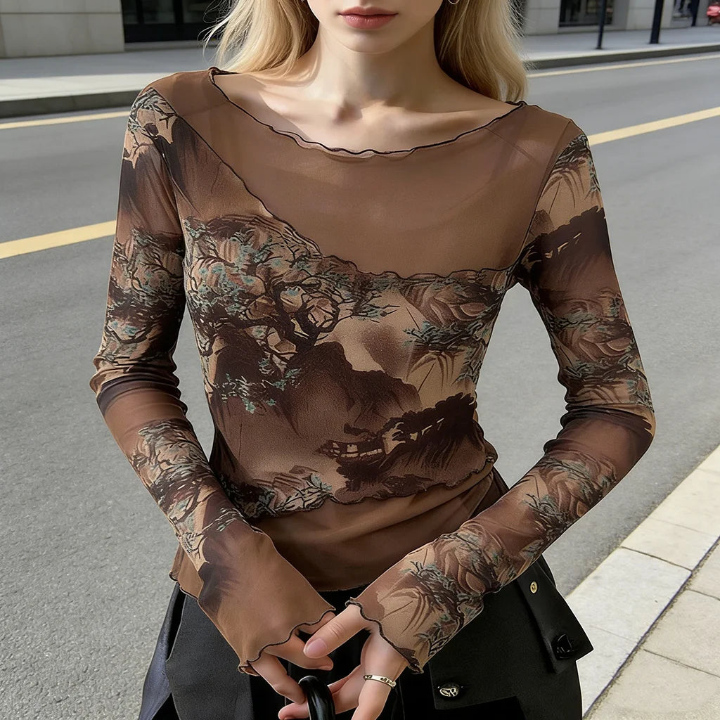Landscape Print Long Sleeve Mesh Top