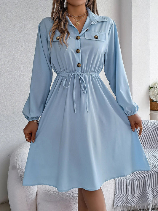 Autumn Winter Button-Up Tie Waist Shirt Dress