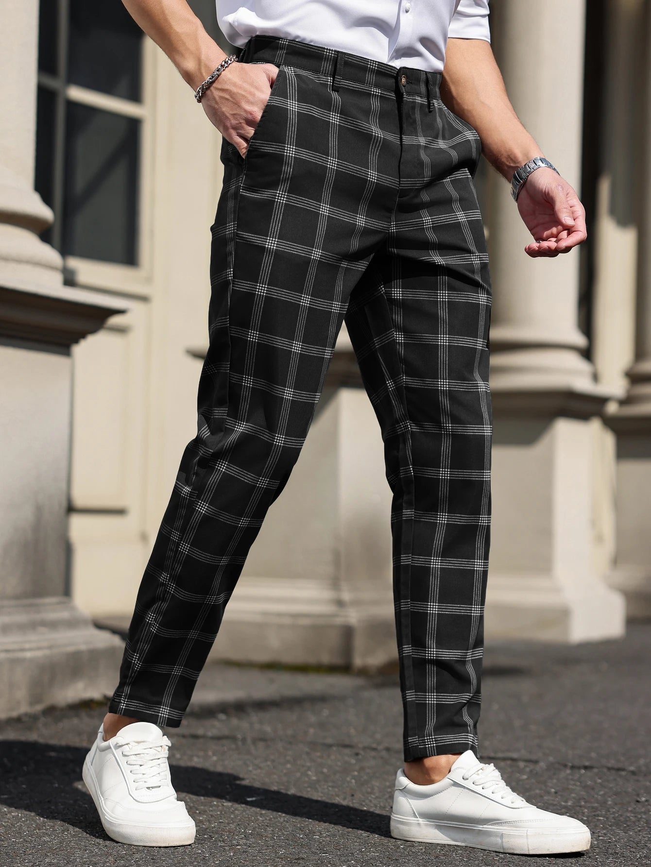 Plaid Tapered Cropped Dress Trousers
