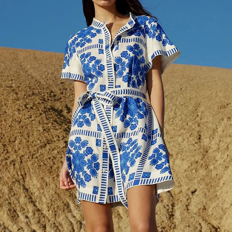 Blue Lace-Up A-Line Dress