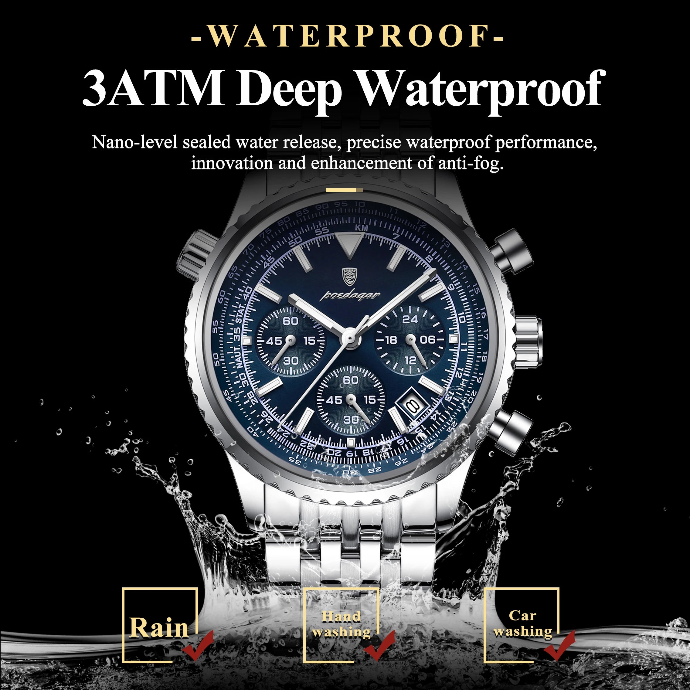 POEDAGAR Business Blue Steel Watch