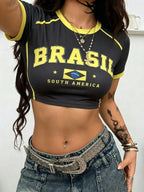 Broadcloth Letter Print Short Sleeve Crop Top