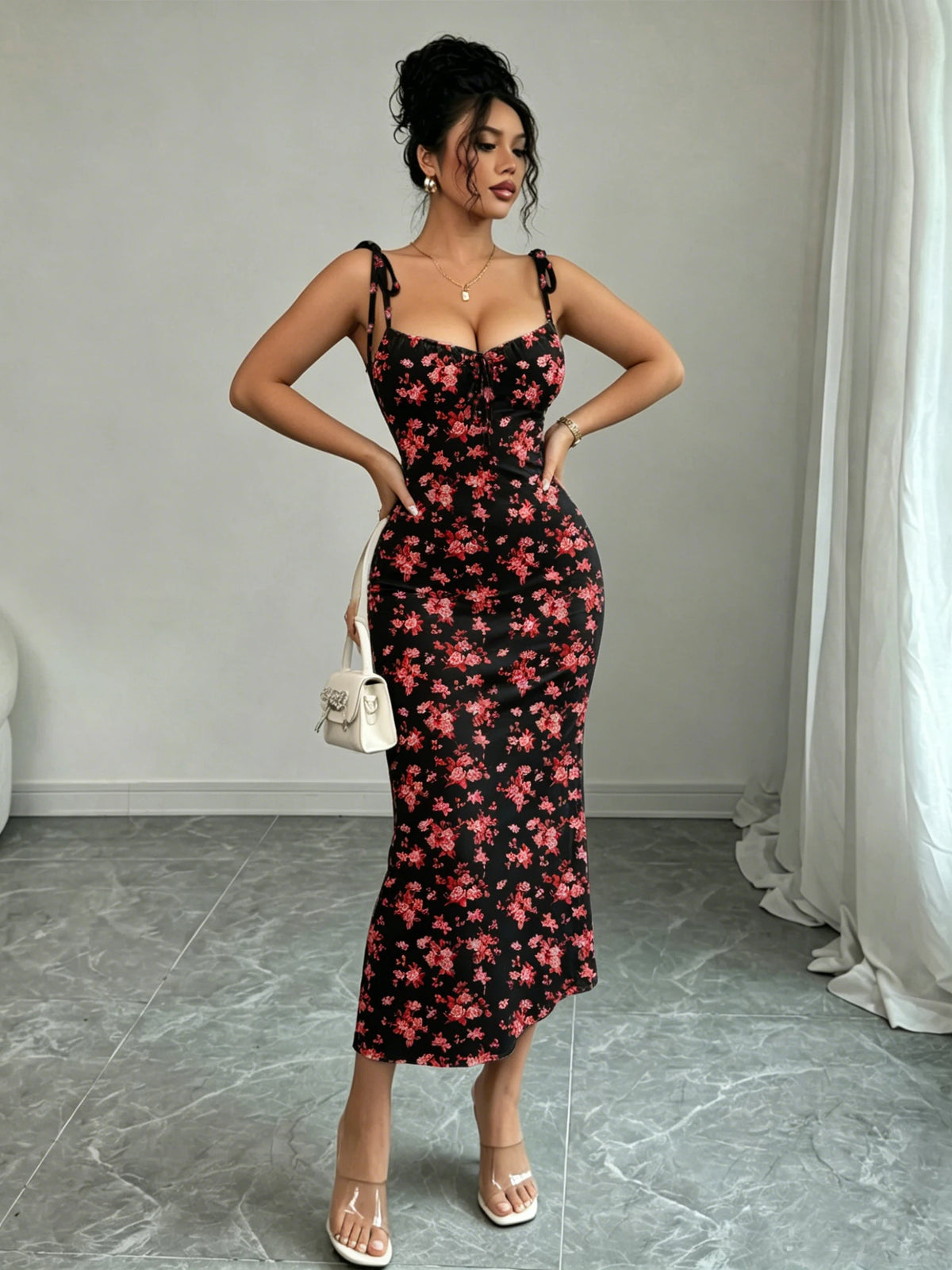 Tie-Strap Floral Fishtail Dress