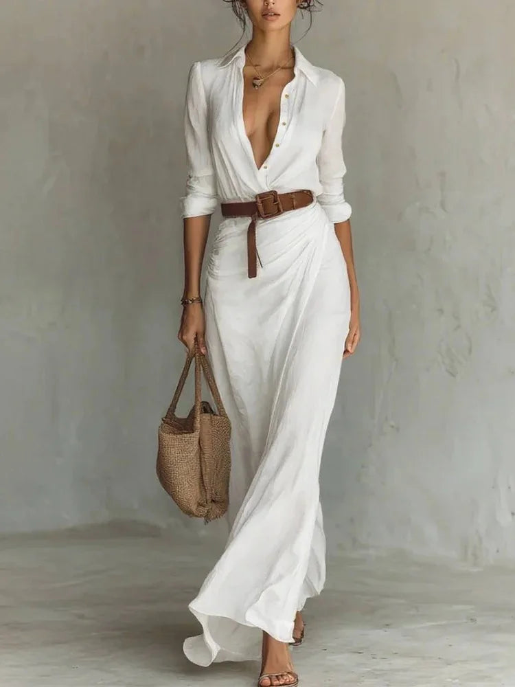 Deep V-Neck Belted Long Dress