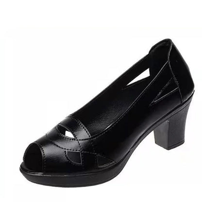 Women’s Black Leather Peep Toe Heels