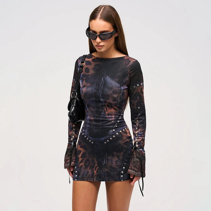 Leopard Print Slim Flare Sleeve Mini Dress