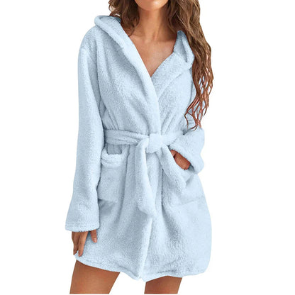 Warm Hooded Flannel Bathrobe