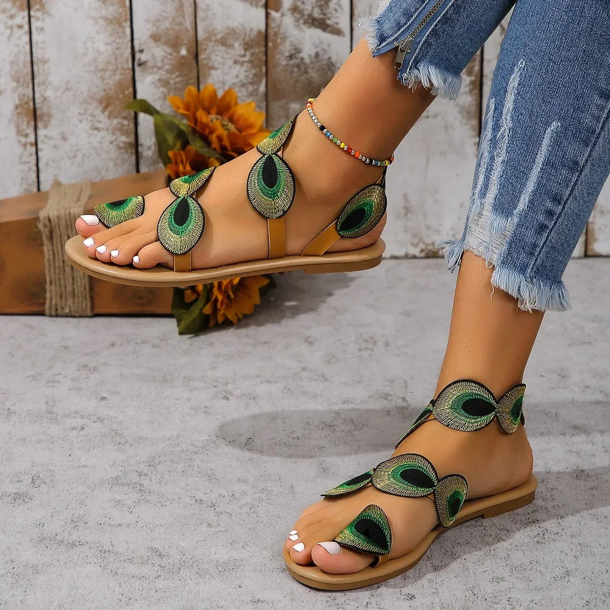 Peacock Feather Flat Sandals