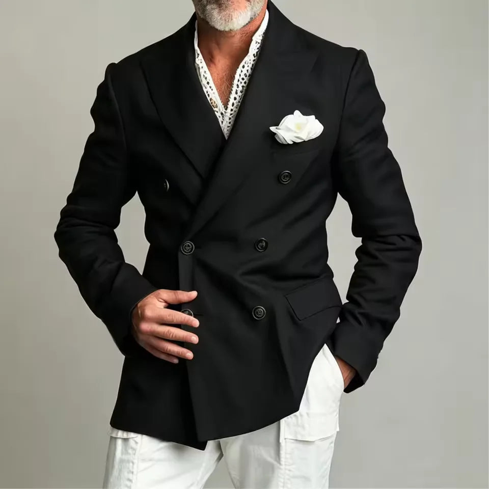 Linen Peak-Lapel Double-Breasted Blazer