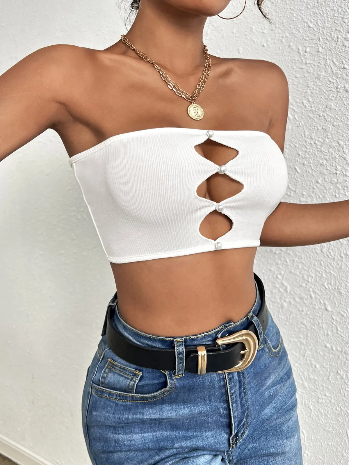 Pearl Detail Strapless Tube Top