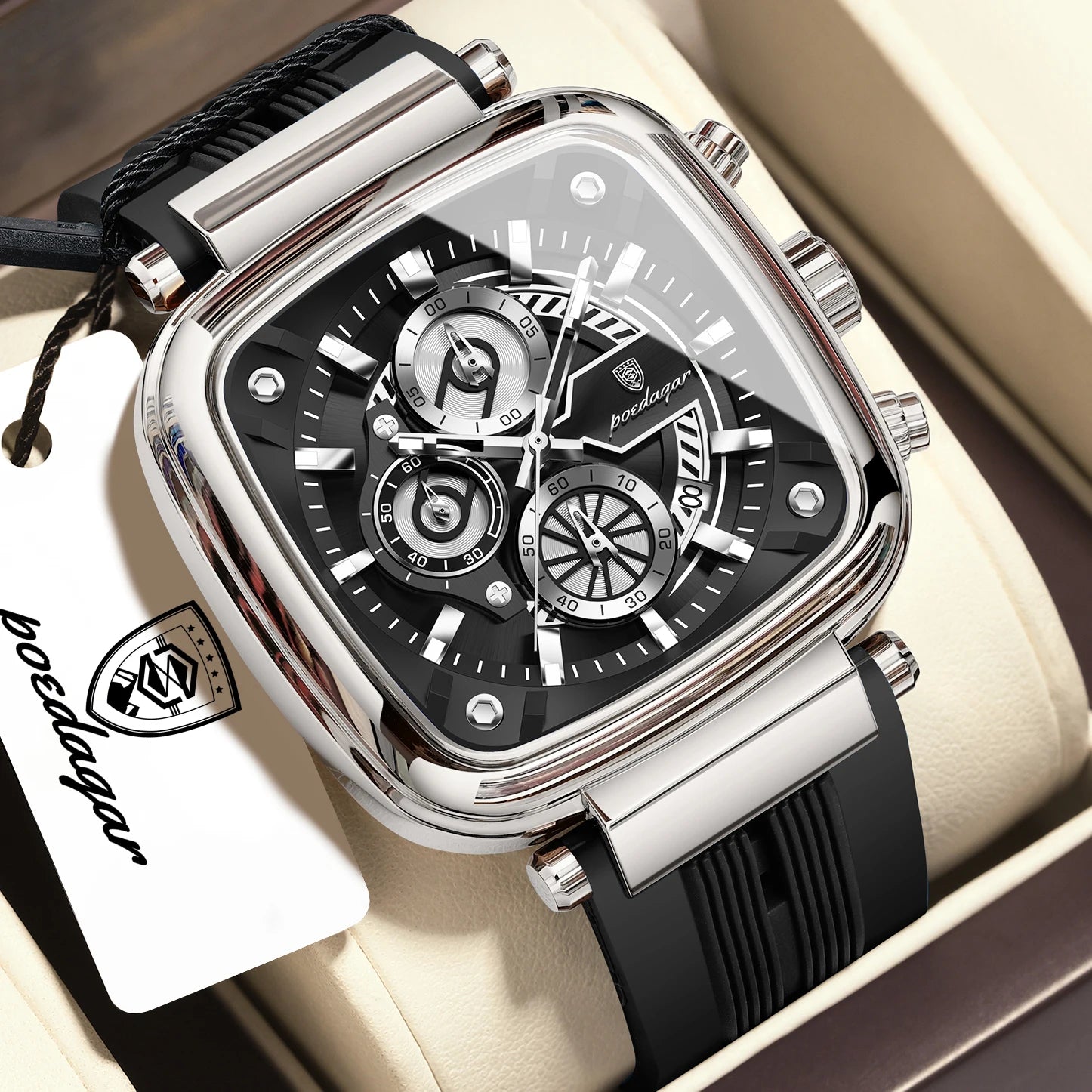 POEDAGAR Square Silicone Sport Watch