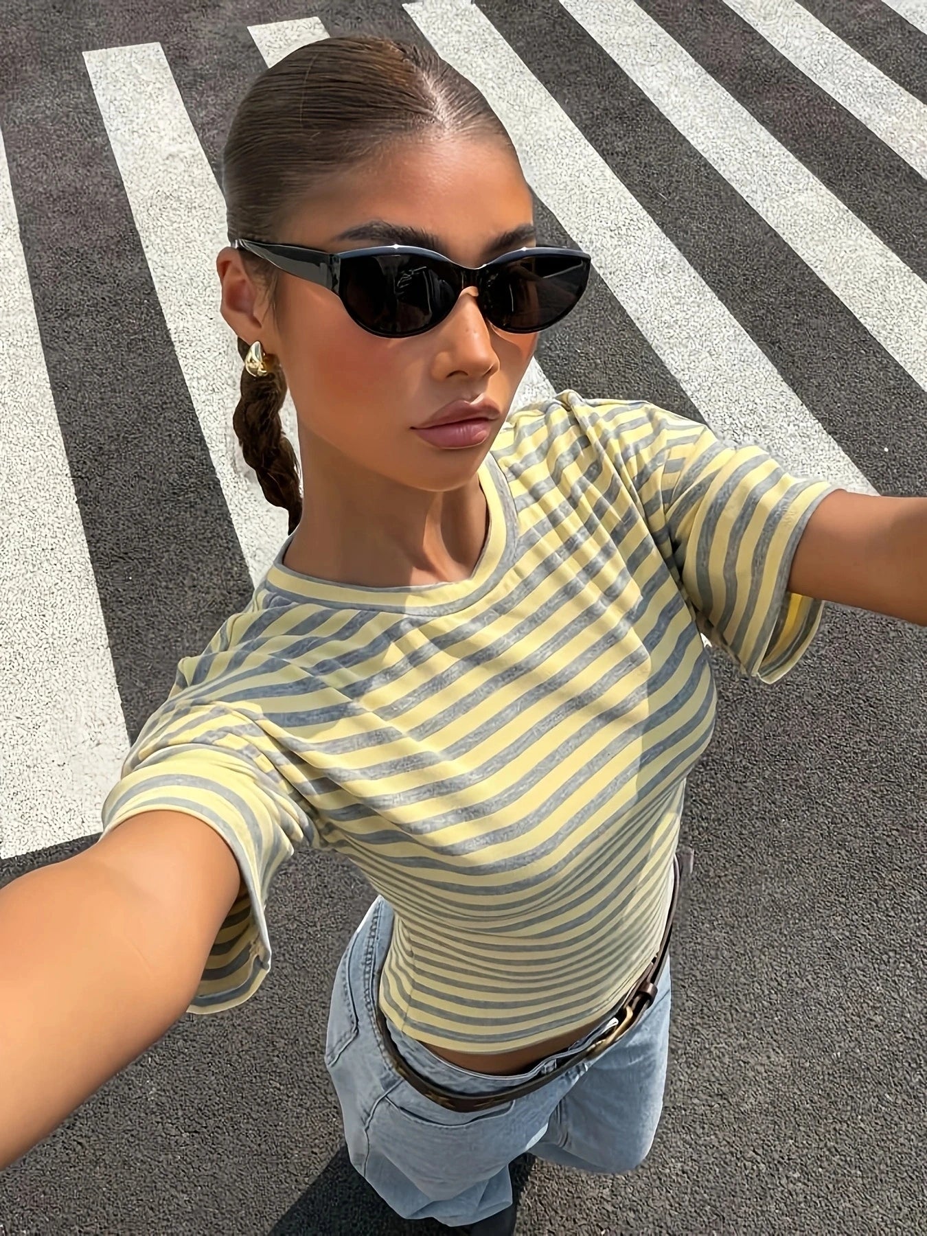 Polyester Striped Short Sleeve Top
