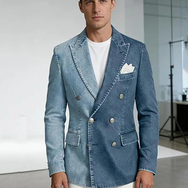 Denim Double-Breasted Peak-Lapel Blazer