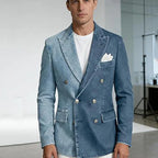 Denim Double-Breasted Peak-Lapel Blazer