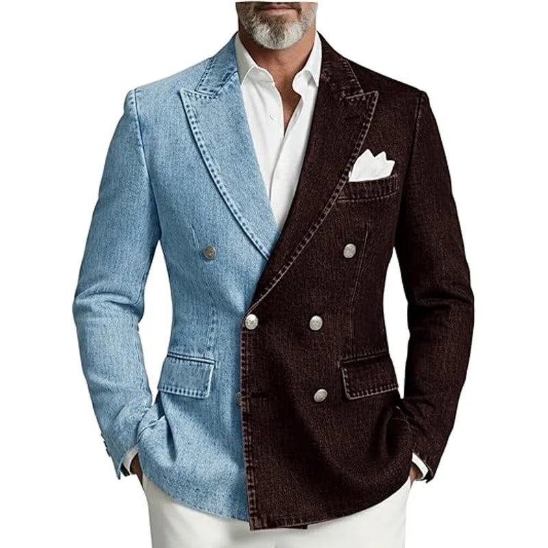 Denim Double-Breasted Peak-Lapel Blazer