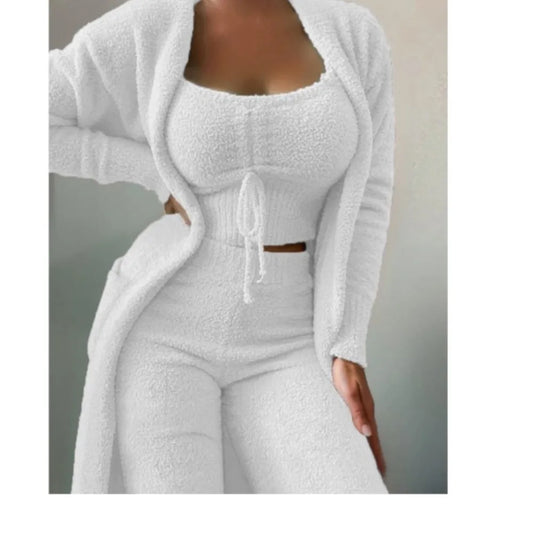 Women’s Plush Lace-Up Cardigan 3-Piece Trouser Set