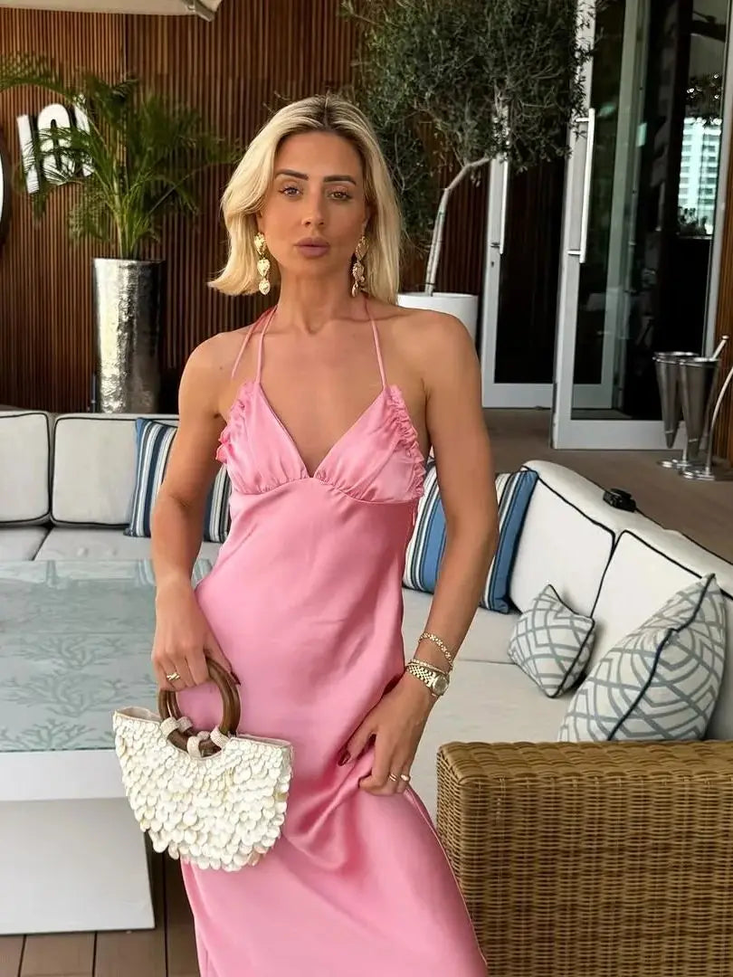 Pink Satin V-Neck Halter Dress
