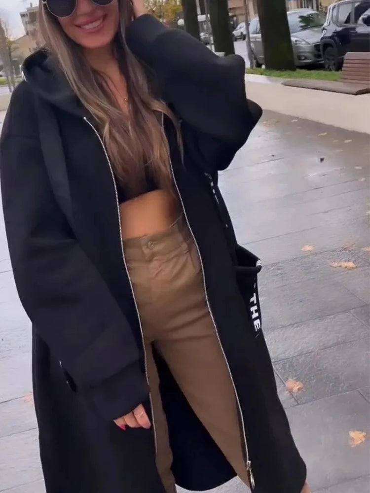Women’s Elegant Loose Hooded Coat with Zipper