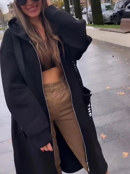 Women’s Elegant Loose Hooded Coat with Zipper