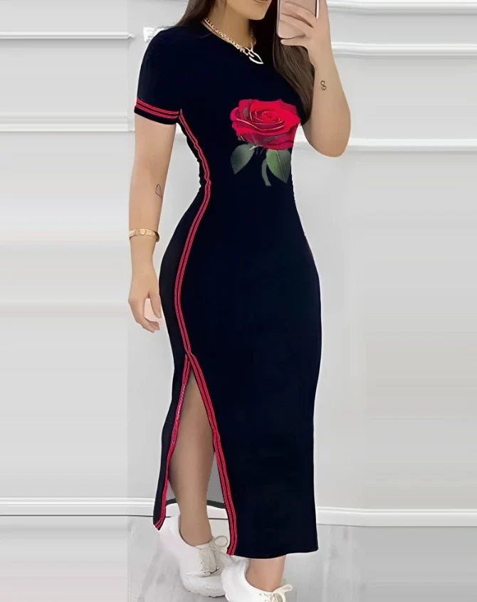 Rose Print Side Slit Dress