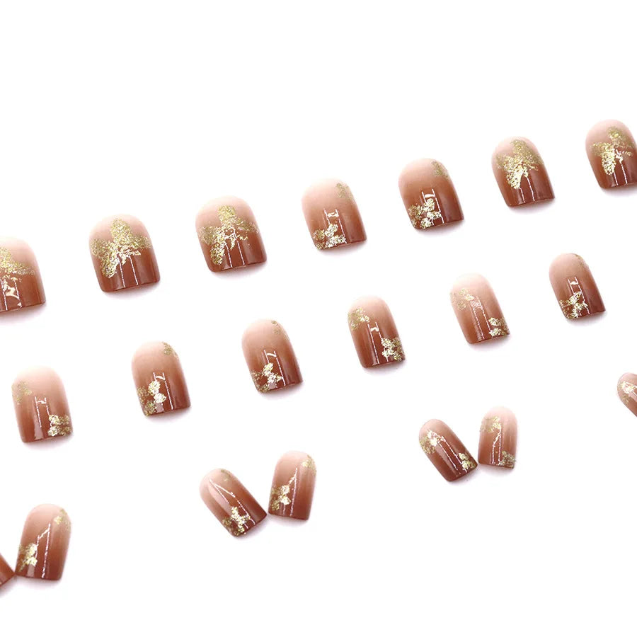 Short Medium fake nails golden