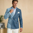 Denim Double-Breasted Peak-Lapel Blazer