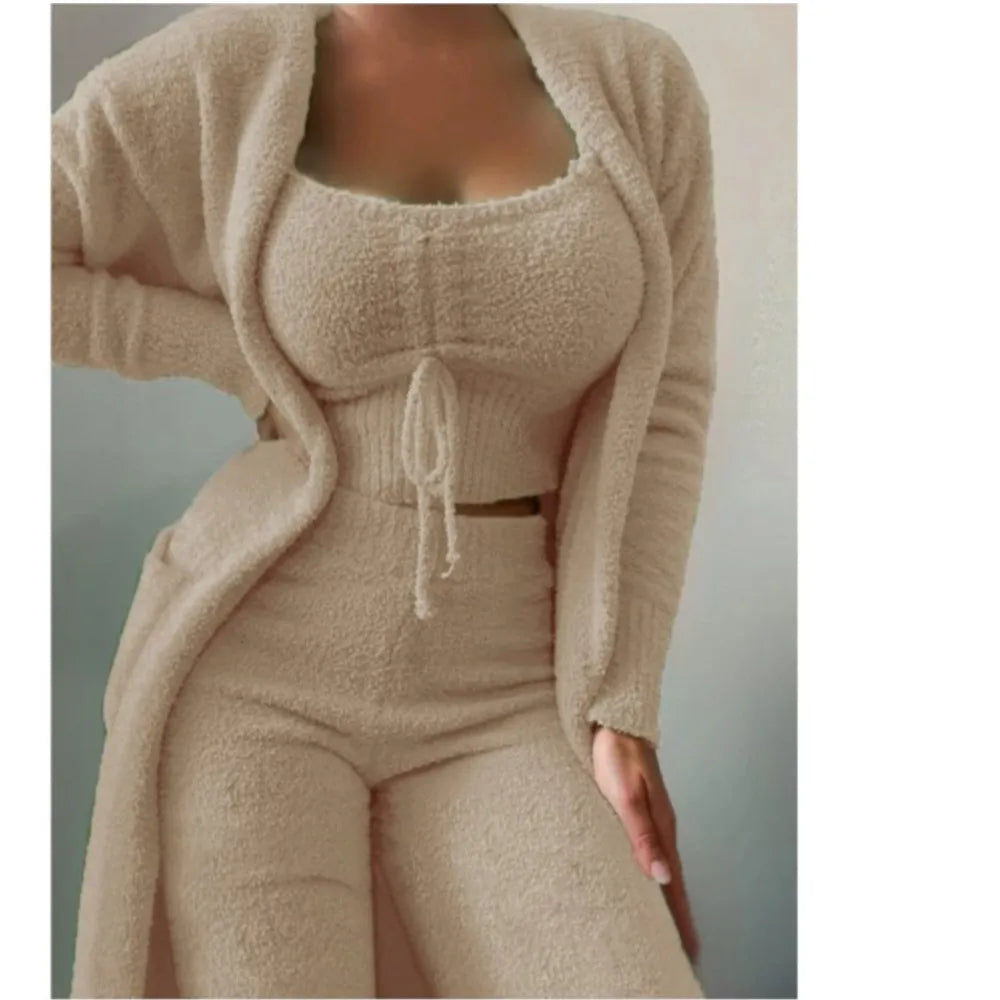 Women’s Plush Lace-Up Cardigan 3-Piece Trouser Set