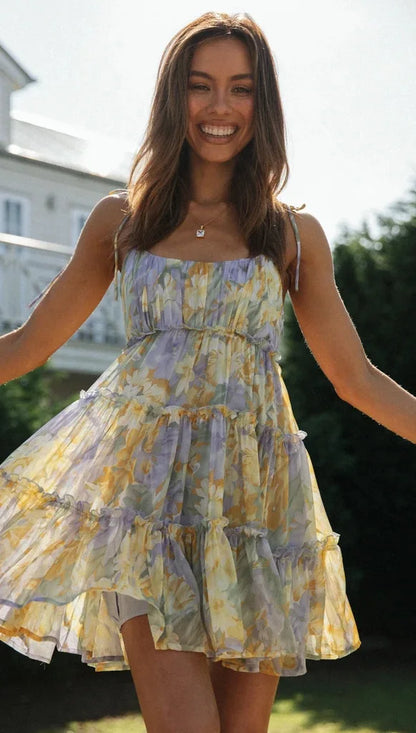 Vintage Floral Print Backless Mini Dress