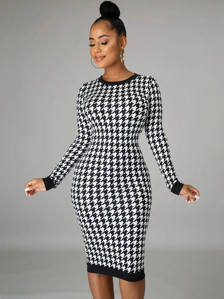 Houndstooth Bodycon Midi Dress
