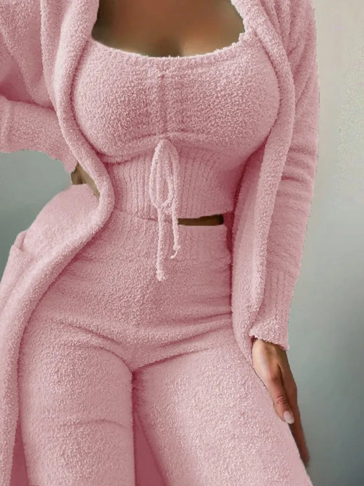 Women’s Plush Lace-Up Cardigan 3-Piece Trouser Set