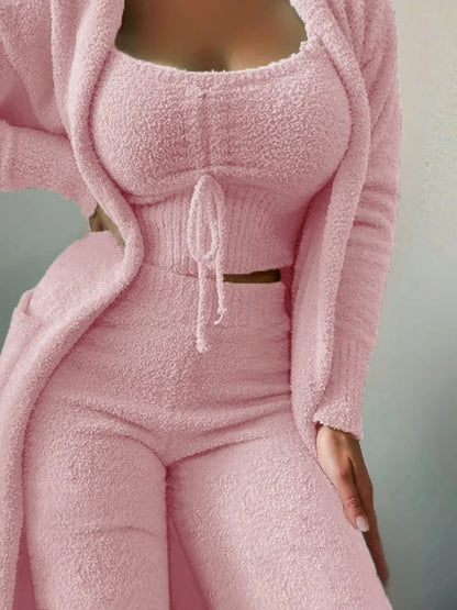 Women’s Plush Lace-Up Cardigan 3-Piece Trouser Set