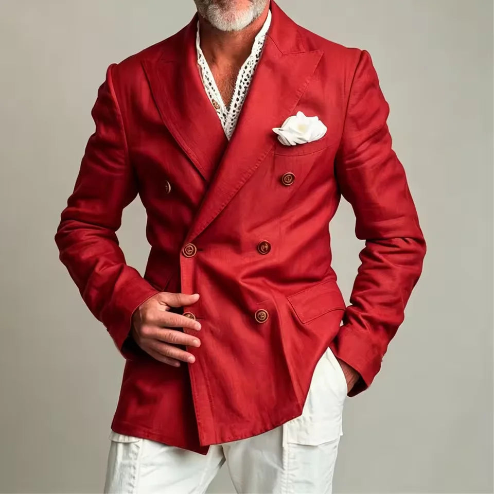 Linen Peak-Lapel Double-Breasted Blazer