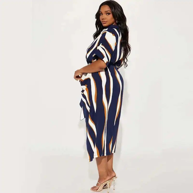 Plus Size Women's Striped Lapel Dress