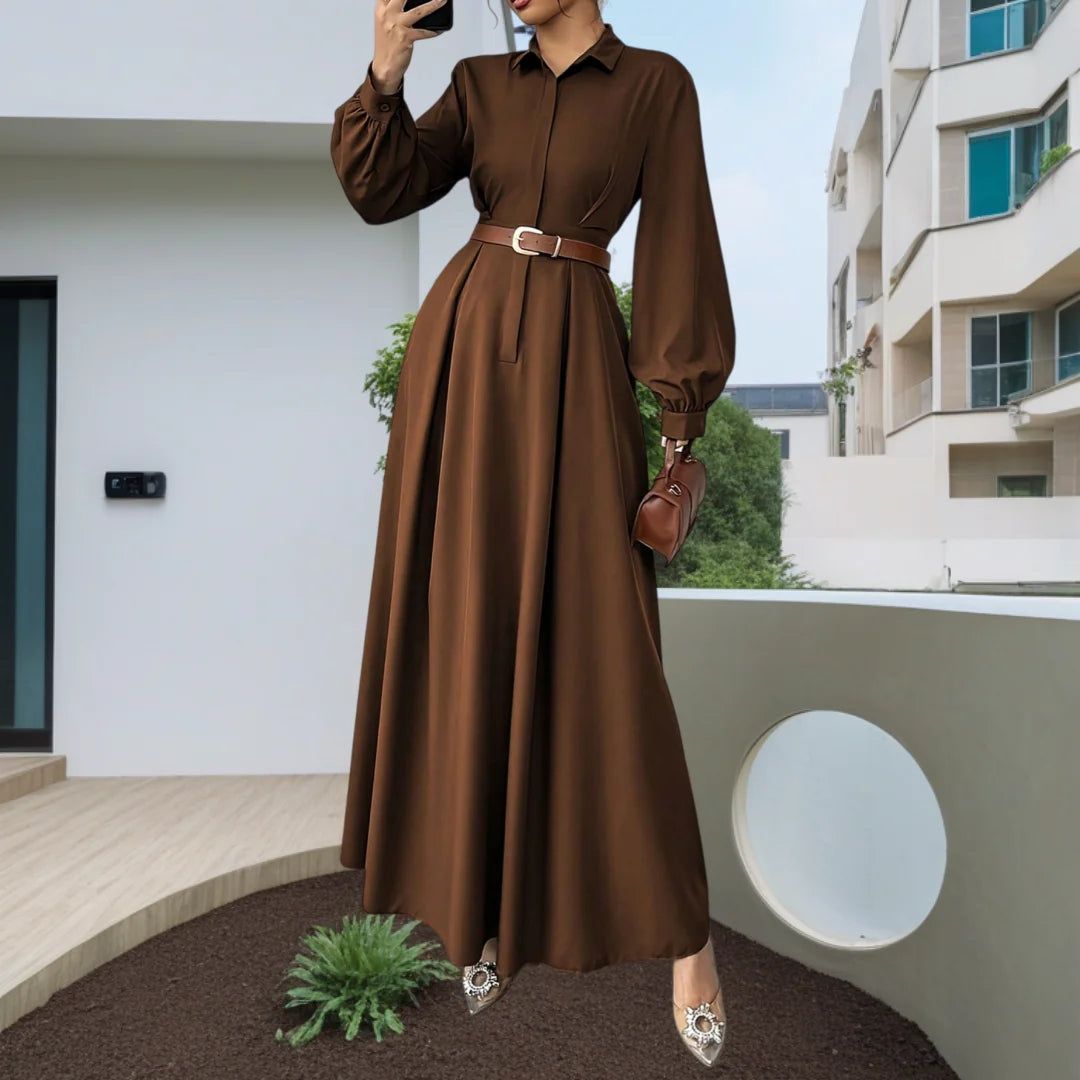 Lantern Sleeve Pleated Maxi Dress
