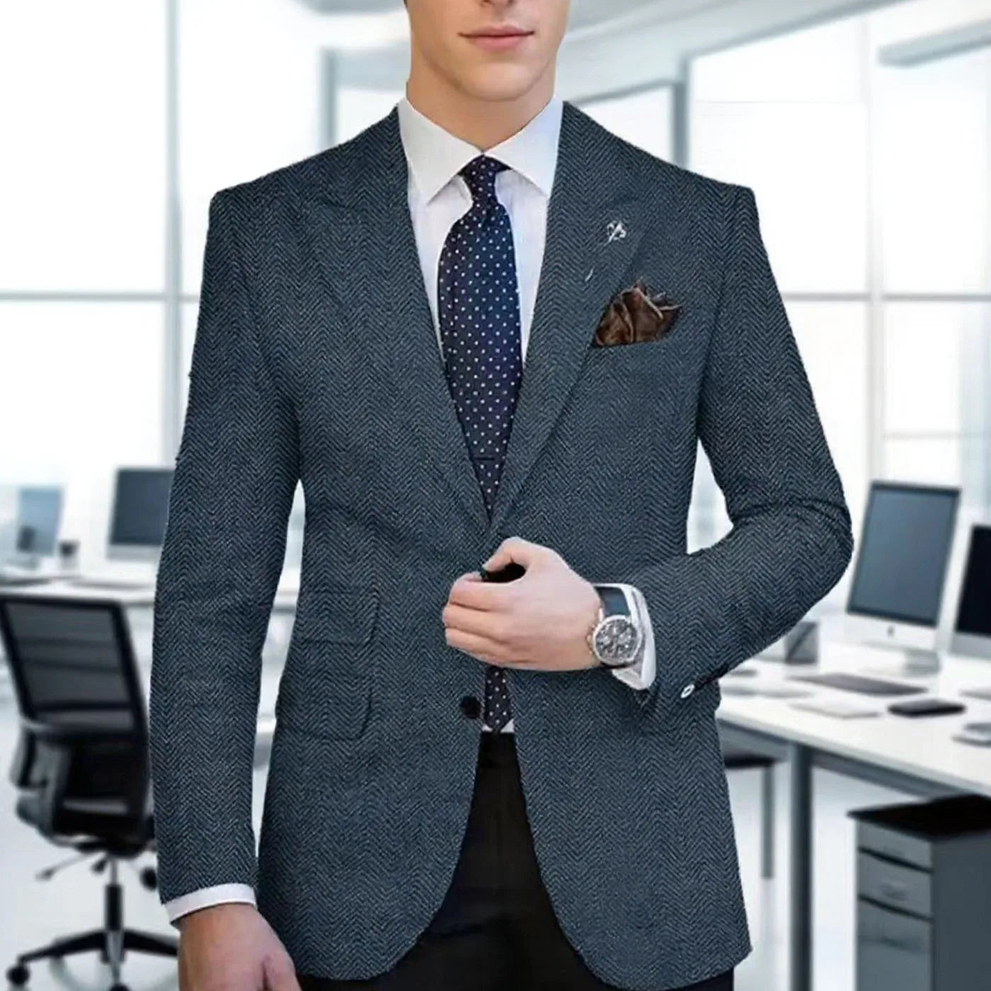 Herringbone Tweed Single-Breasted Blazer