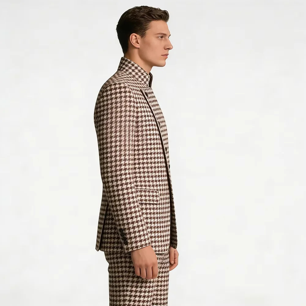 Houndstooth Mandarin-Collar Slim Suit