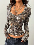 Polyester Botanical Print Long Sleeve Crop Top