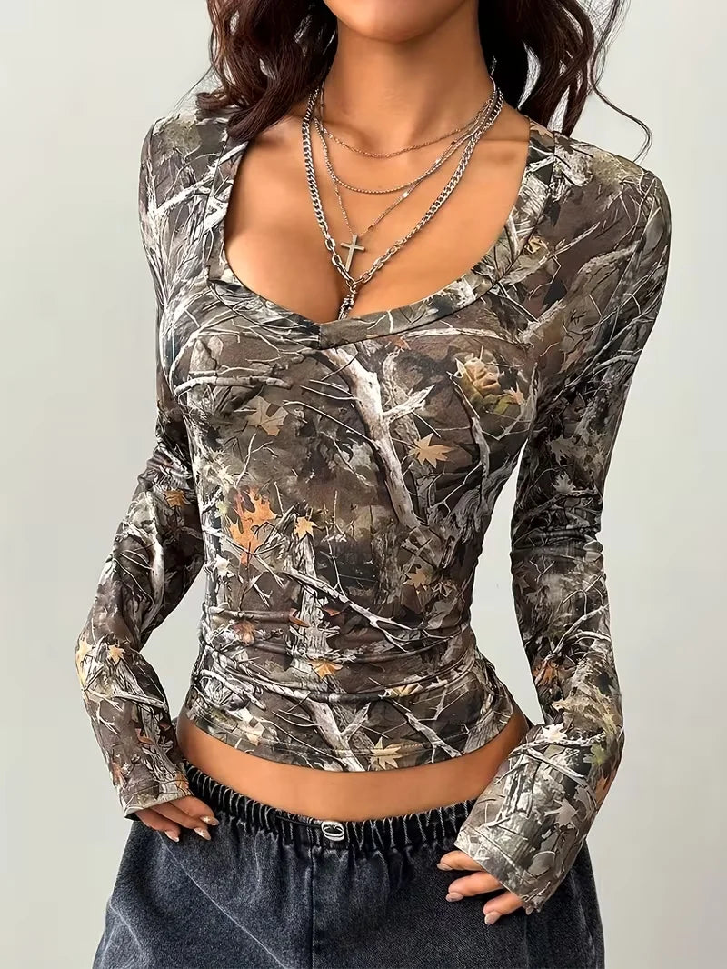 Polyester Botanical Print Long Sleeve Crop Top